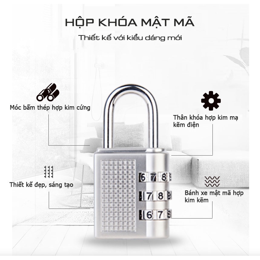 Ổ khóa inox 3 số dùng bảo vệ hành lý, vali, balo bền tiện dụng an toàn