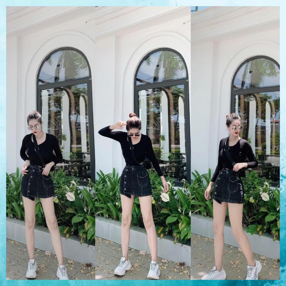 [TH Jeans] Quần shorts jeans nữ, quần giả váy chất liệu co giãn, lưng cao vạt lệch. Mã V1115