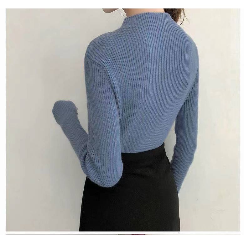 Áo Sweater dệt kim màu trơn phối khóa kéo phong cách Hàn Quốc cho nữ