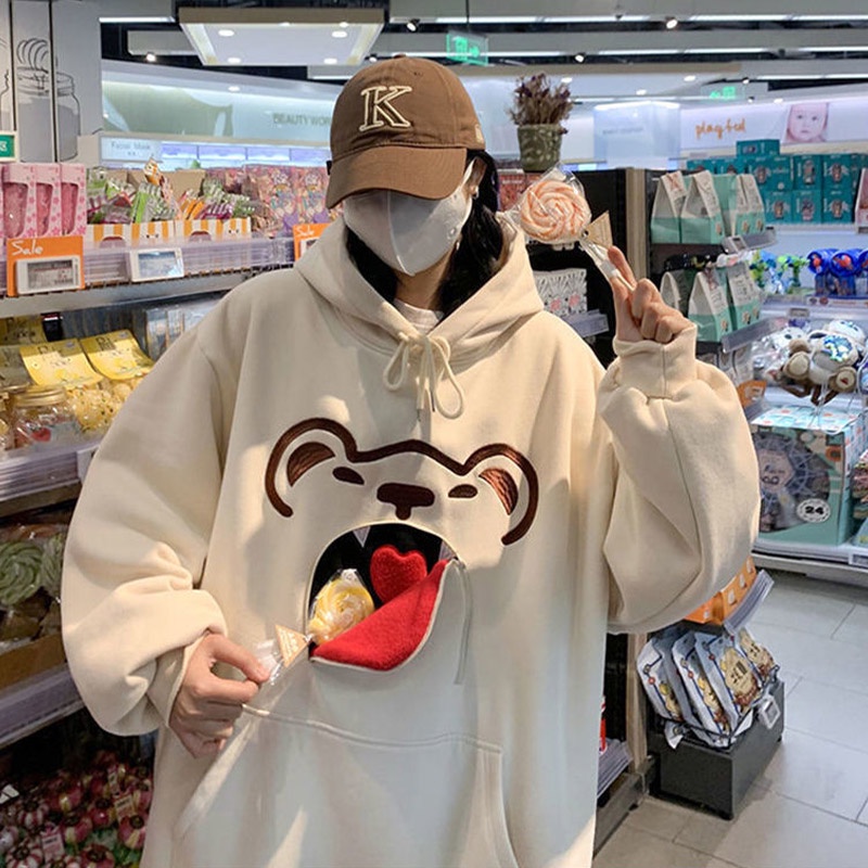 Áo hoodie AOKANG dáng rộng in họa tiết gấu hoạt hình dễ thương thời trang xuân thu trẻ trung dành cho cặp đôi