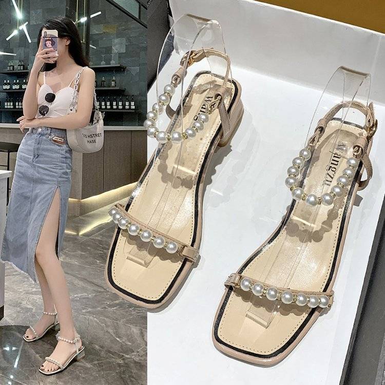 Giày Sandal Gót Thấp Dày Dặn Đính Ngọc Trai Thời Trang Dành Cho Nữ