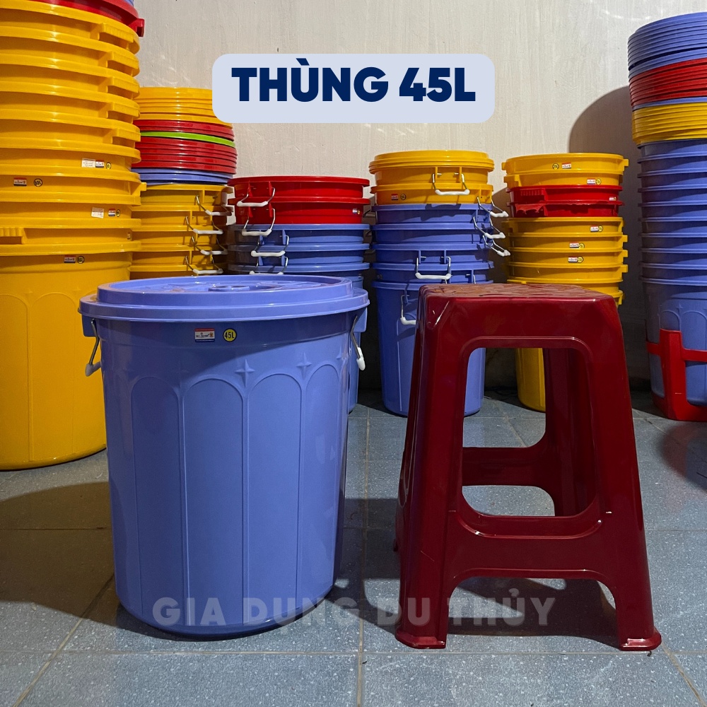 Thùng nhựa có nắp 45L Việt Thành dùng đựng nước, đựng gạo nhựa chính phẩm bền chắc lâu phai màu của gia dụng Du Thủy