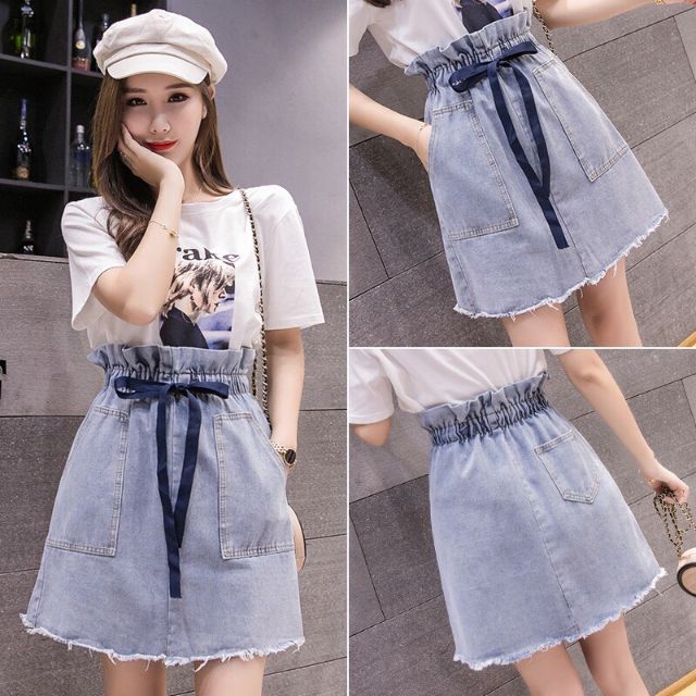 Chân váy jean chun eo nơ xinh kèm ảnh thật
