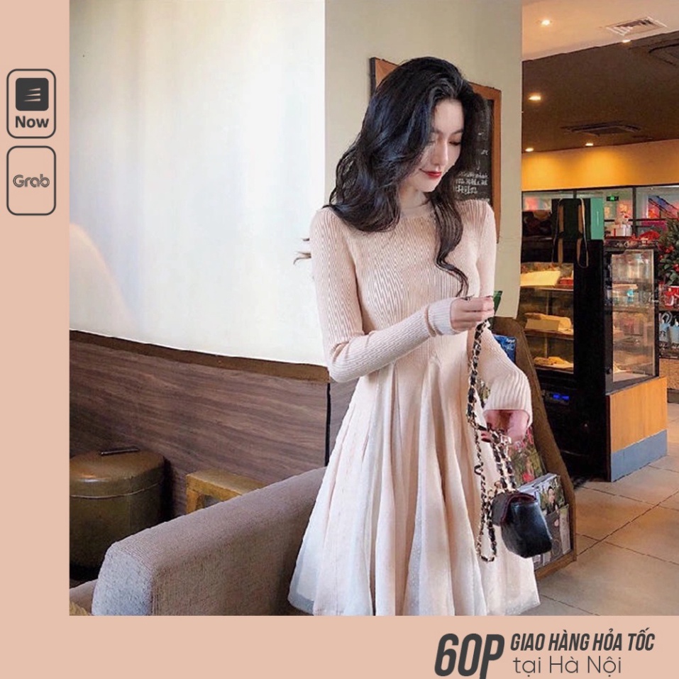 Váy Len Ôm Dáng Xòe Dài Tay/ Đầm Cổ Tròn Voan Đuôi Dáng Ngắn Xinh Xắn V00143