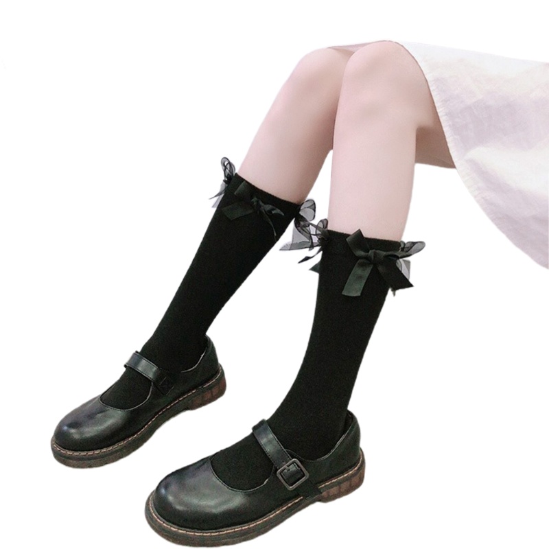 Set 8 Đôi Vớ Dài Trung Bình Vải Satin Đính Nơ Ruy Băng Màu Trắng Đen Phong Cách Lolita Nhật Bản Cho Học Sinh