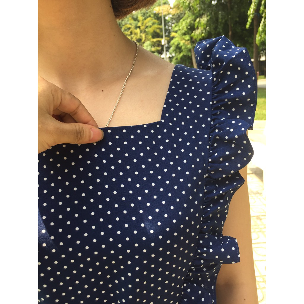 Set Sơ Mi Váy Gia Đình Fig Tree Chấm Bi Xanh Mã 162 Cực Xinh Cho Cả Nhà