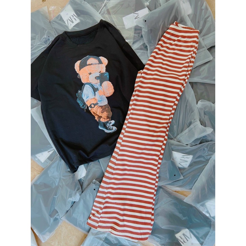 set bộ áo thun gấu form rộng mix quần kẻ sọc cam xinh k