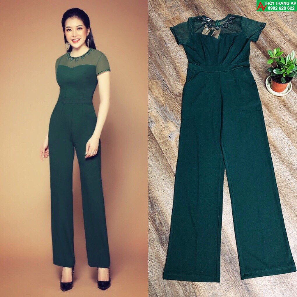 Jumpsuit - Đồ bay dài ống suông phối lưới đính hạt cực đẹp - AV6148