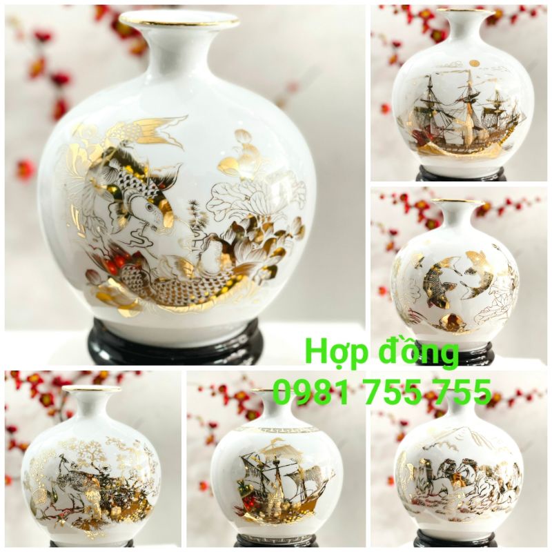 Bình hút lộc Vẽ Vàng Trắng Sứ Bát Tràng _Bình Bông Trang Trí Phong Thủy Tài Lộc