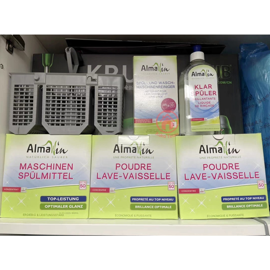 Combo Bộ 3 Bột rửa bát chén hữu cơ Almawin, muối làm mềm Almawin, nước làm bóng Almawin cho máy rửa bát