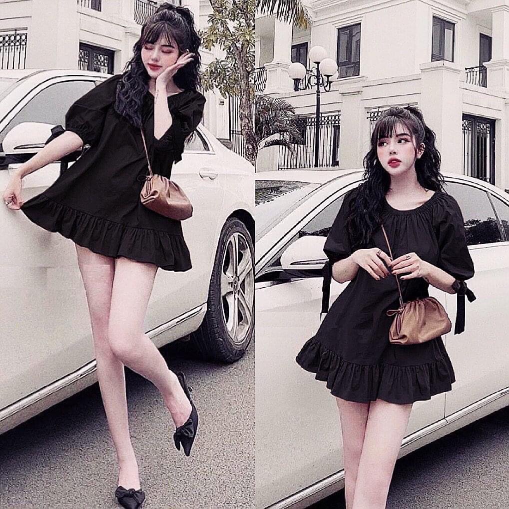 [8.8 Sales Freeship] Đầm tiểu thư babydoll cổ tròn tay búp, đầm xòe đuôi cá cột nơ tay dáng ngắn bánh bèo