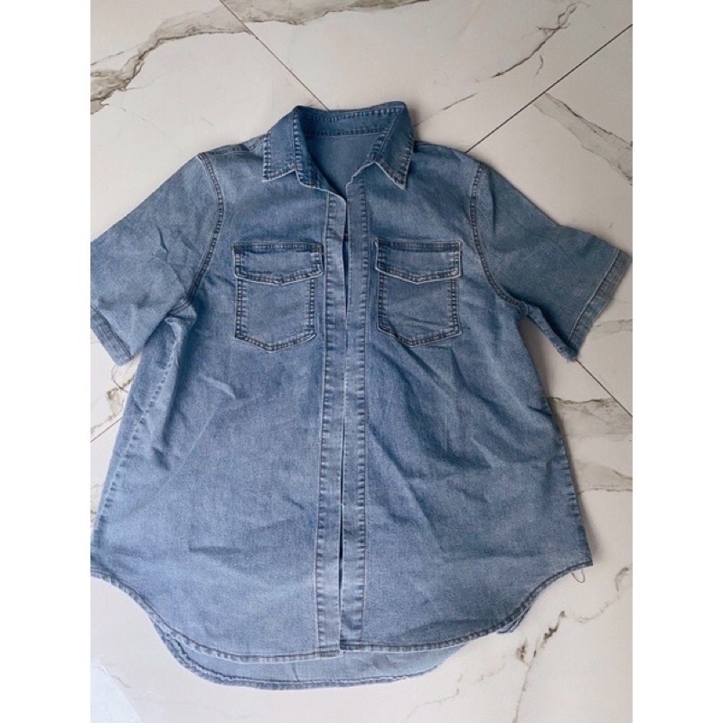 Áo sơ mi bò jean cộc tay túi hộp- áo bò TRƠN from rộng dáng dài UNISEX phong cách ulzzang hàn quốc