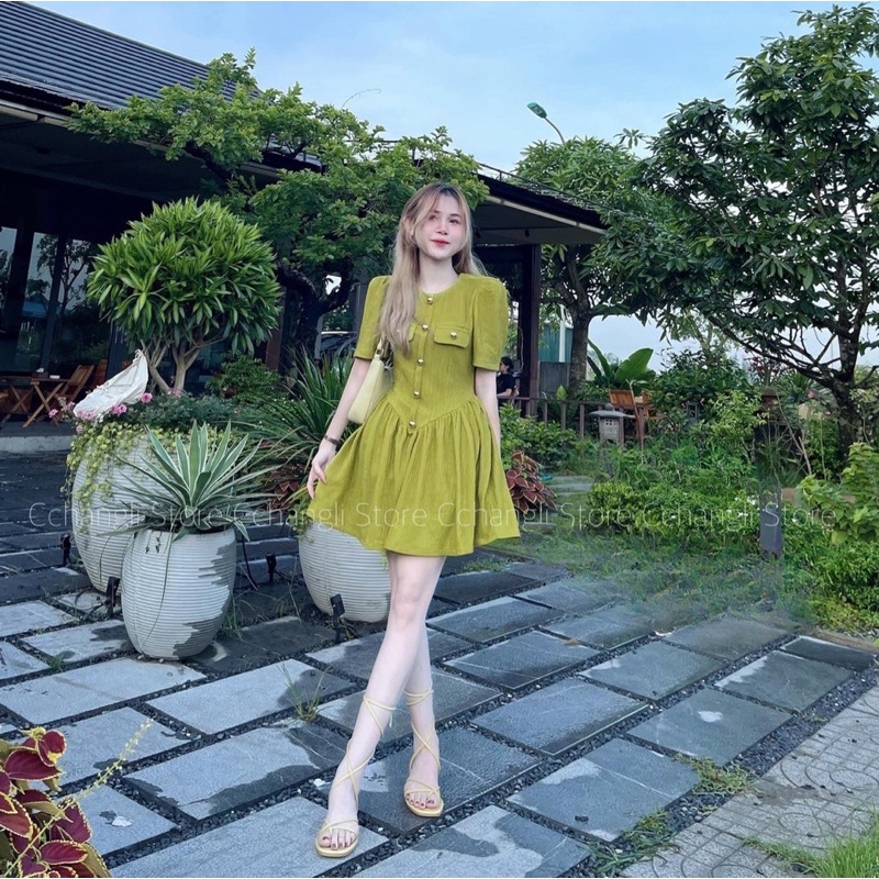 Váy dự tiệc, Váy gân cổ tròn đính cúc chất co giãn 1 màu xanh hàng QC