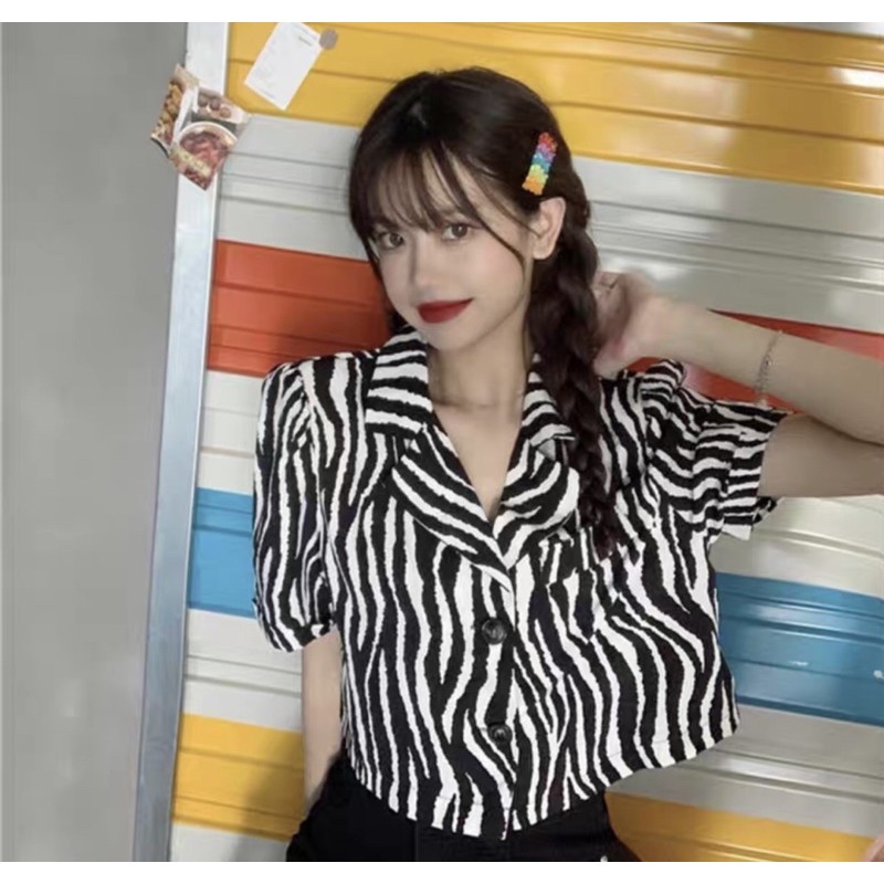 Order áo sơ mi croptop nữ da báo cá tính
