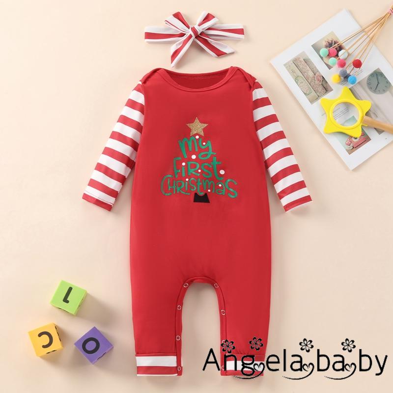 Bộ 2 món áo liền quần cổ tròn tay dài kẻ sọc in chữ & ngôi sao + băng đô nơ cho bé sơ sinh