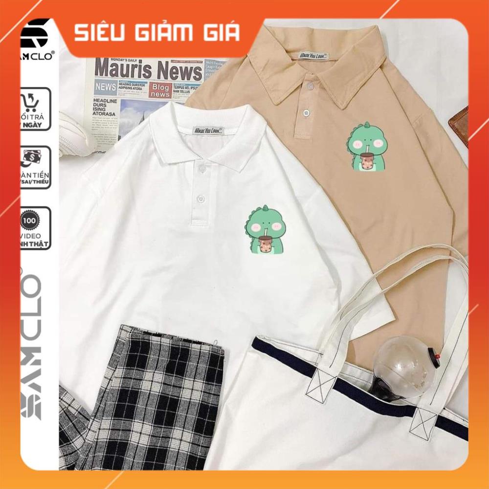 Áo thun Polo form rộng tay lỡ nữ SAM CLO phông freesize unisex mặc đi học, nhóm, lớp in hình KHỦNG LONG XANH TRÀ SỮA