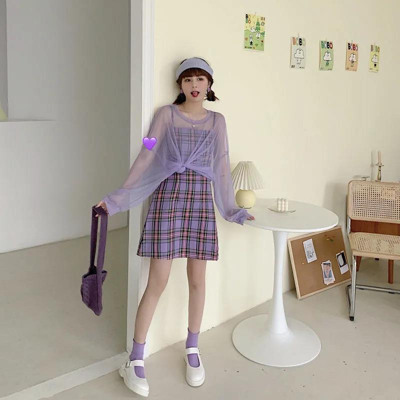 Bộ đầm IELGY màu tím phối lưới thời trang mùa hè phong cách Hàn Quốc cho nữ