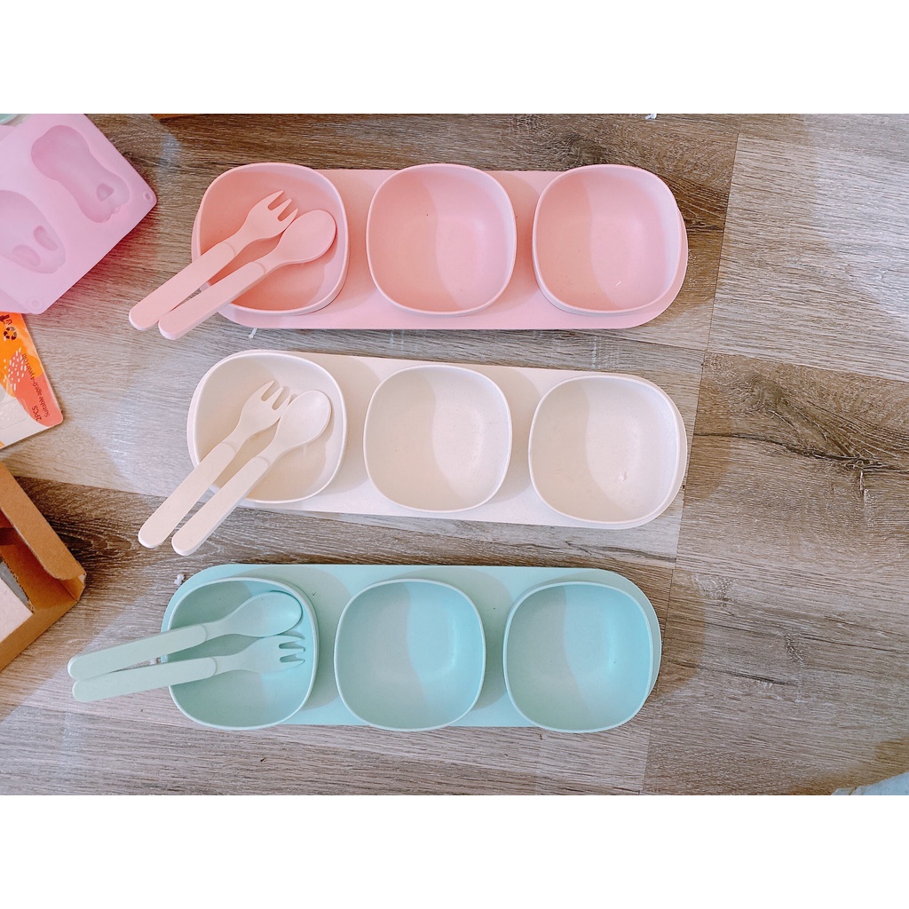 Khay 3 ngăn sợi tre nhiều màu sắc cho bé ăn dặm, siêu xinh