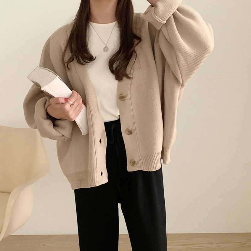 xiaozhaivn - Áo Cardigan màu trơn dáng rộng oversize đóc 3 cúc cổ V chất dày, áo khoác len dệ kim dáng rộng dành cho nữ