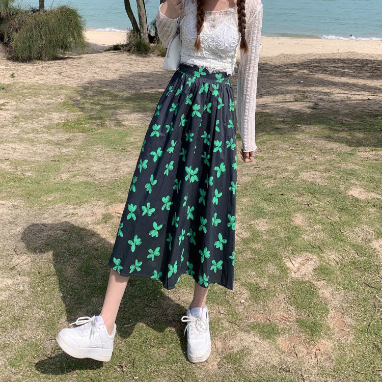 Summer 2021 New Korean High Waist Slim Flower Mid Length A-line Skirt for Female Students[delivery Within 15 Days ]