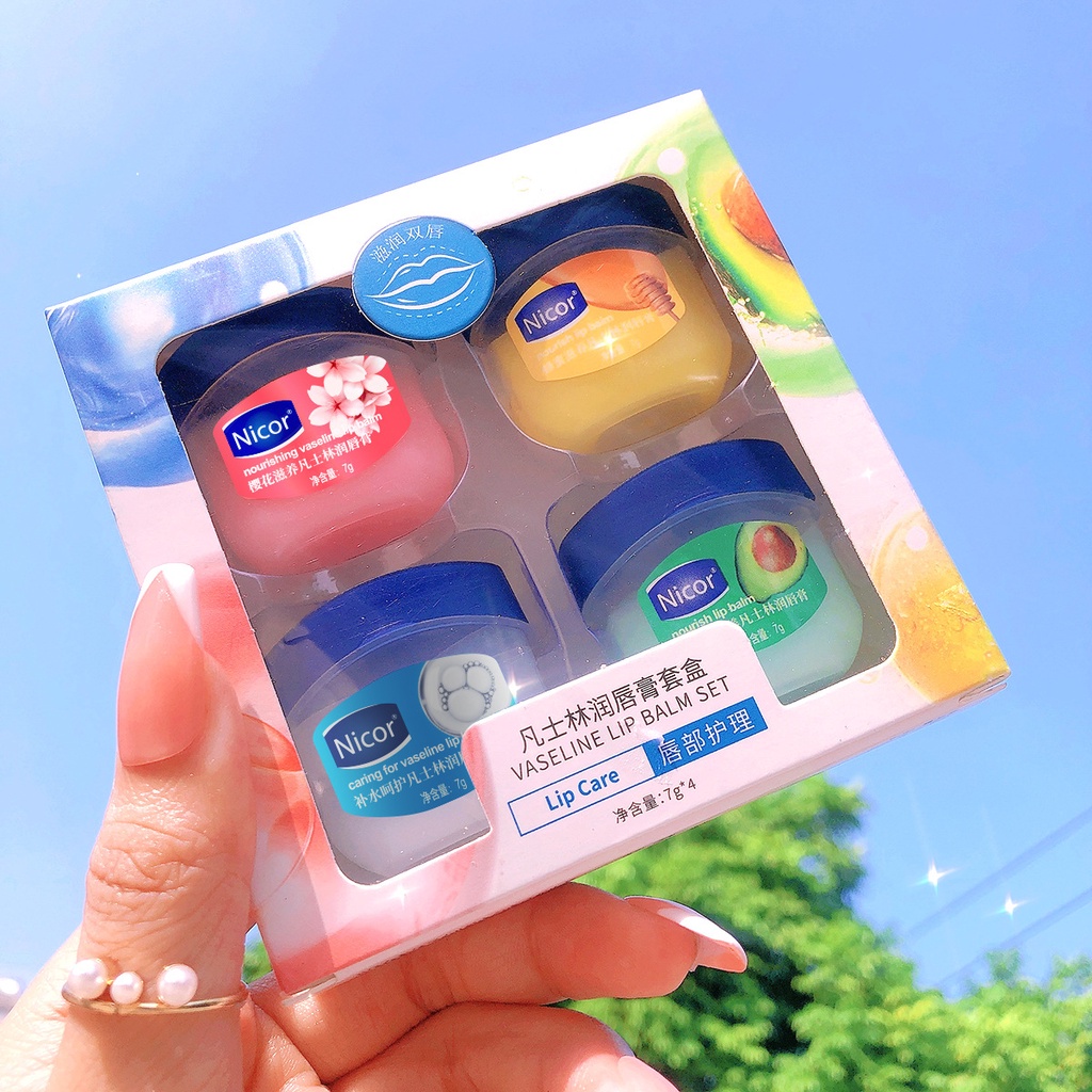 Combo Hộp 4 Lọ Han Boli Vaseline dưỡng môi dưỡng ẩm môi mặt nạ nam và nữ