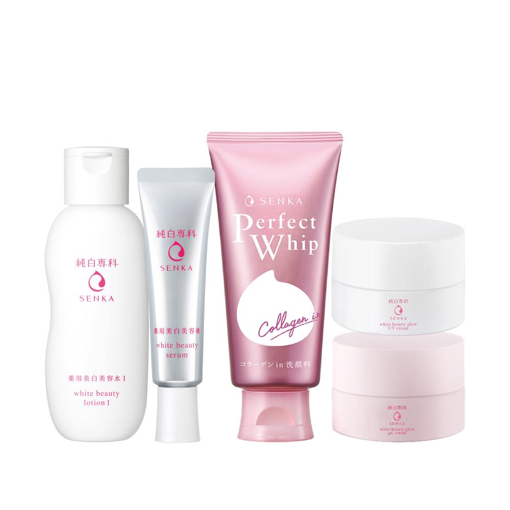 Bộ Dưỡng da trắng hồng-Ngăn lão hóa SENKA(PW Collagen+Lotion+ White Serum+Day Cream+Night Cream)