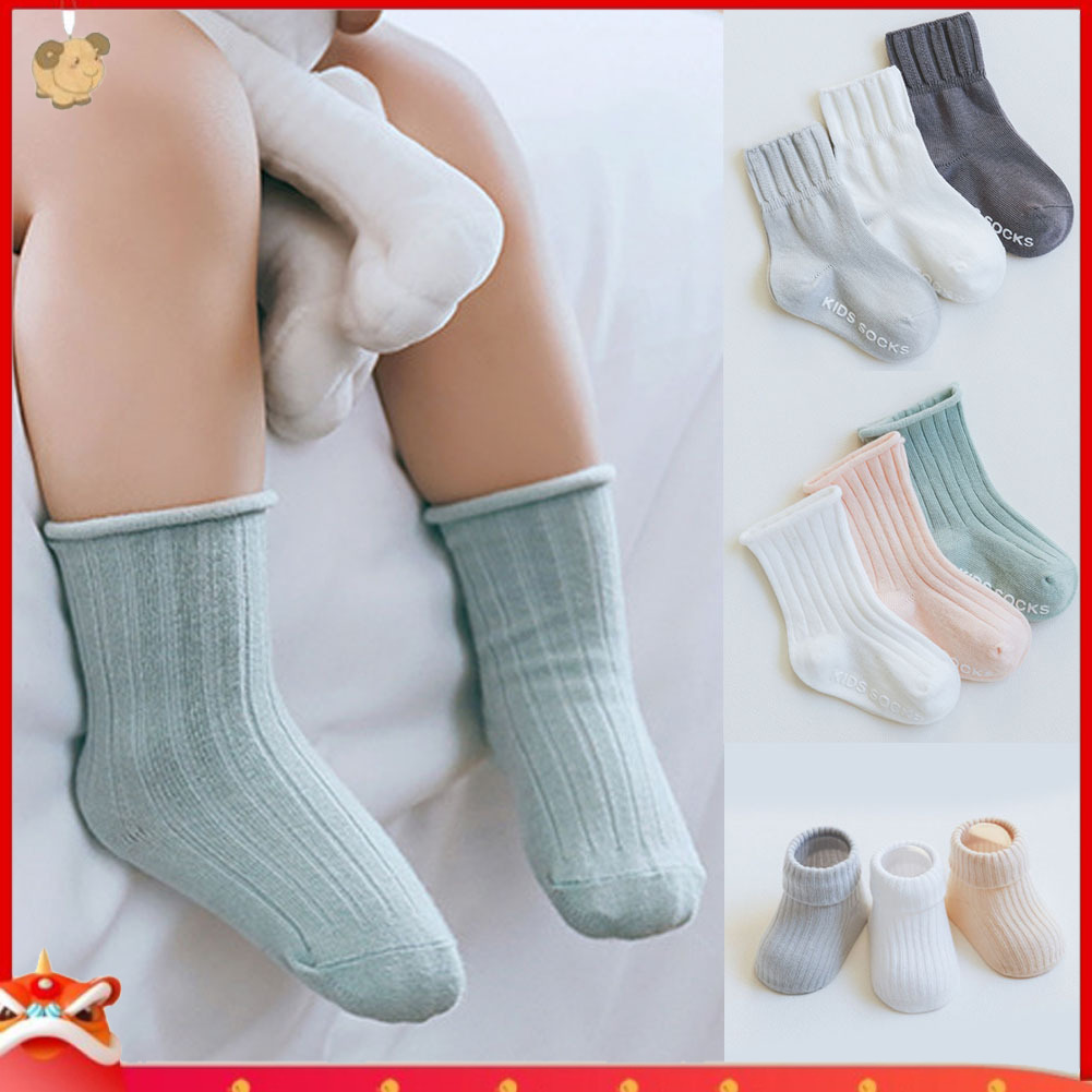 Bộ 3 Đôi Tất Bằng Cotton Màu Trơn Thoáng Khí Chống Trượt Cho Bé