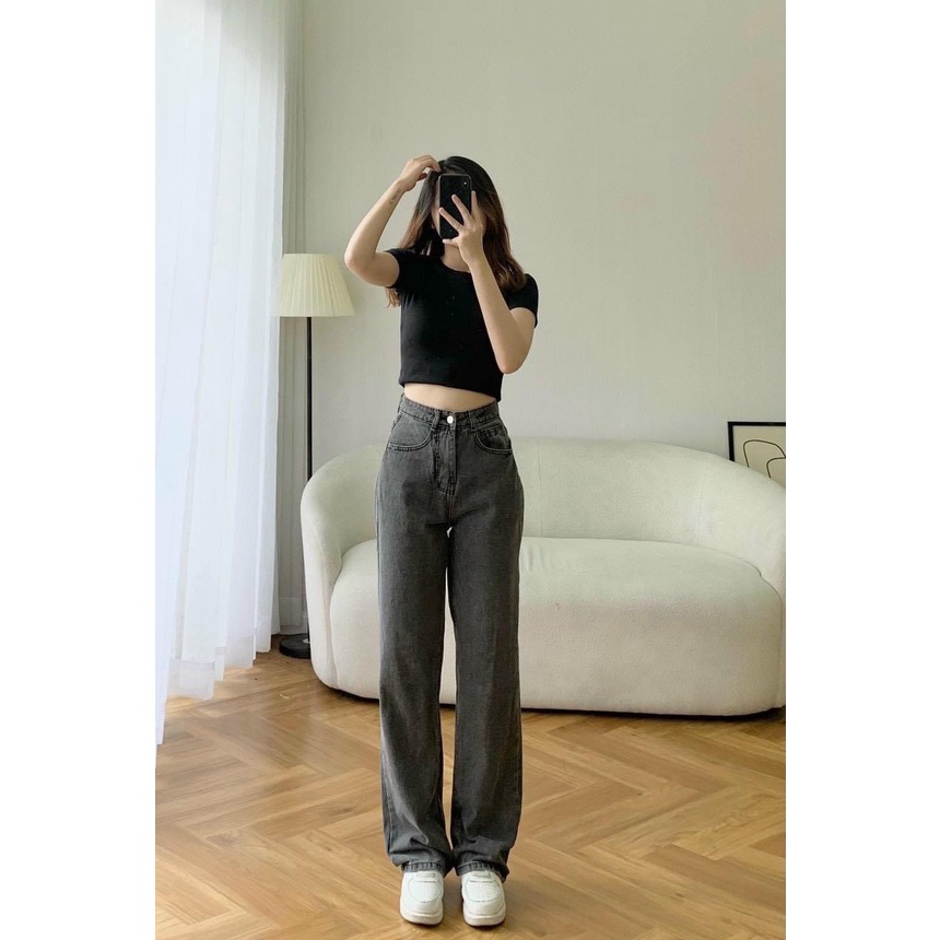 Quần jean ống rộng cạp cao CiCi, Quần bò dáng suông nữ trơn ulzzang cao cấp - CiCi Jeans