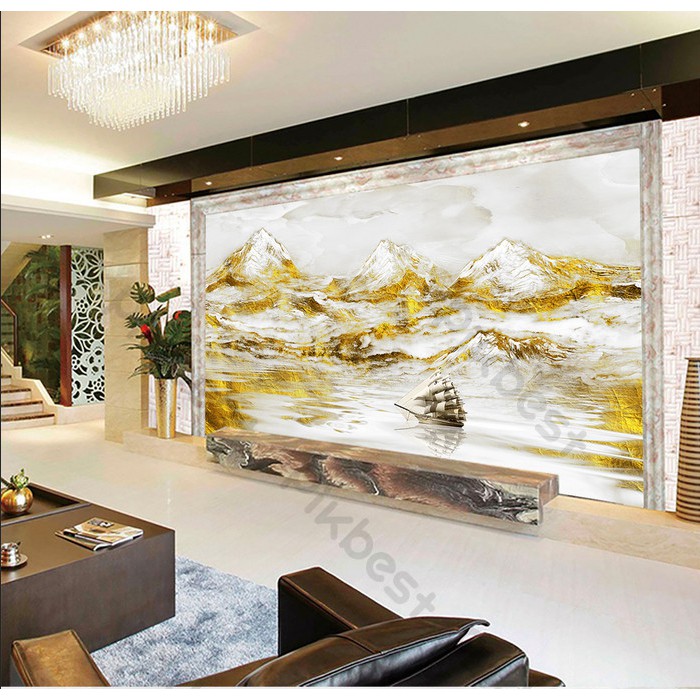Tranh phong cảnh núi đá vàng phú quý, tranh dán tường 3d hiện đại  722985