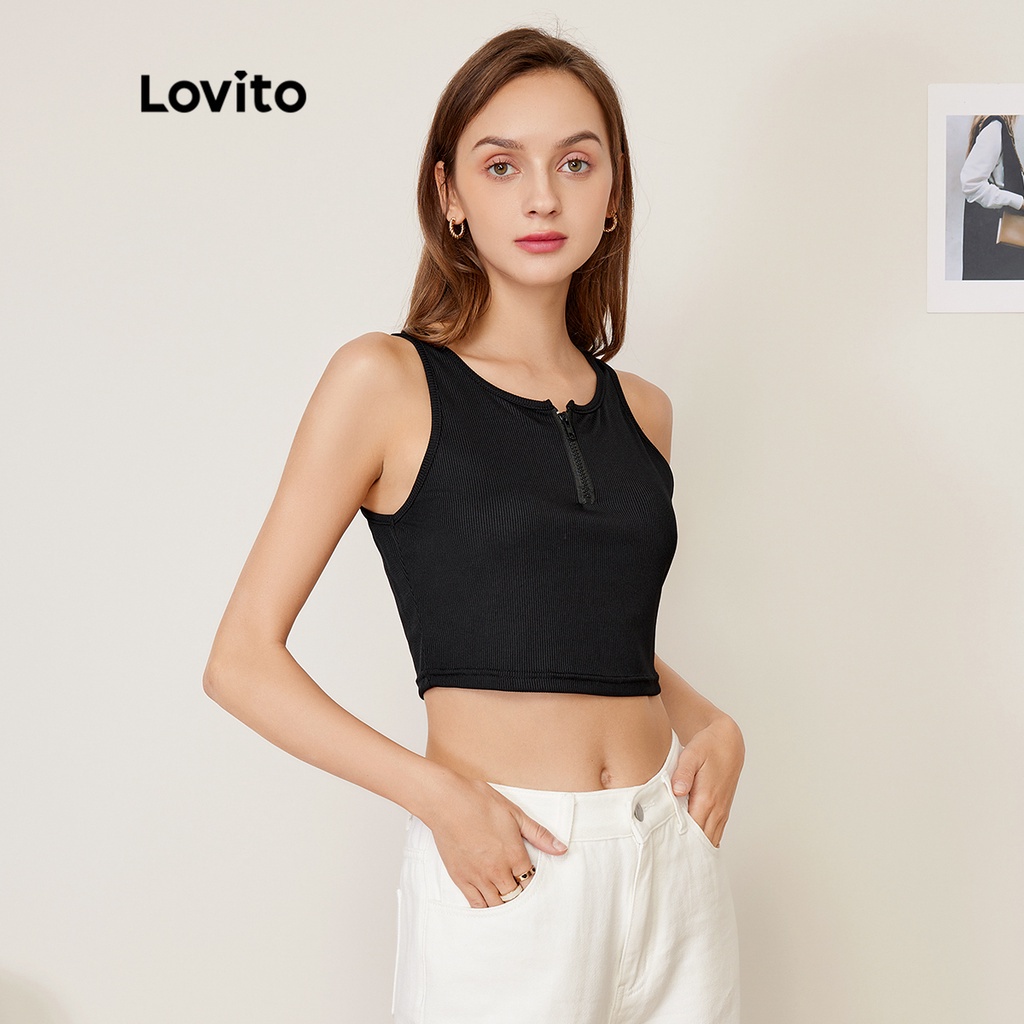 Áo tank top Lovito đơn giản có khóa kéo màu trơn phong cách thường ngày L27AD002 (màu đen)