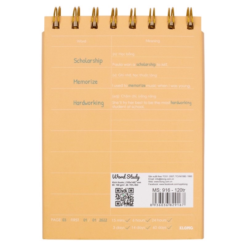 Sổ học từ vựng Klong Word Study A6 - 120 trang; MS: 916, Sổ Klong lò xo kép Word study Học Ngoại Ngữ , Từ Vựng