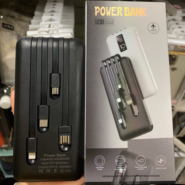 Pin Sạc Dự Phòng DUNG LƯỢNG 20000mAh KÈM 4 DÂY sạc cùng lúc LIGHTNING , MICRO , TYPE C ,USB A , KHÔNG CẦN MANG DÂY SẠC