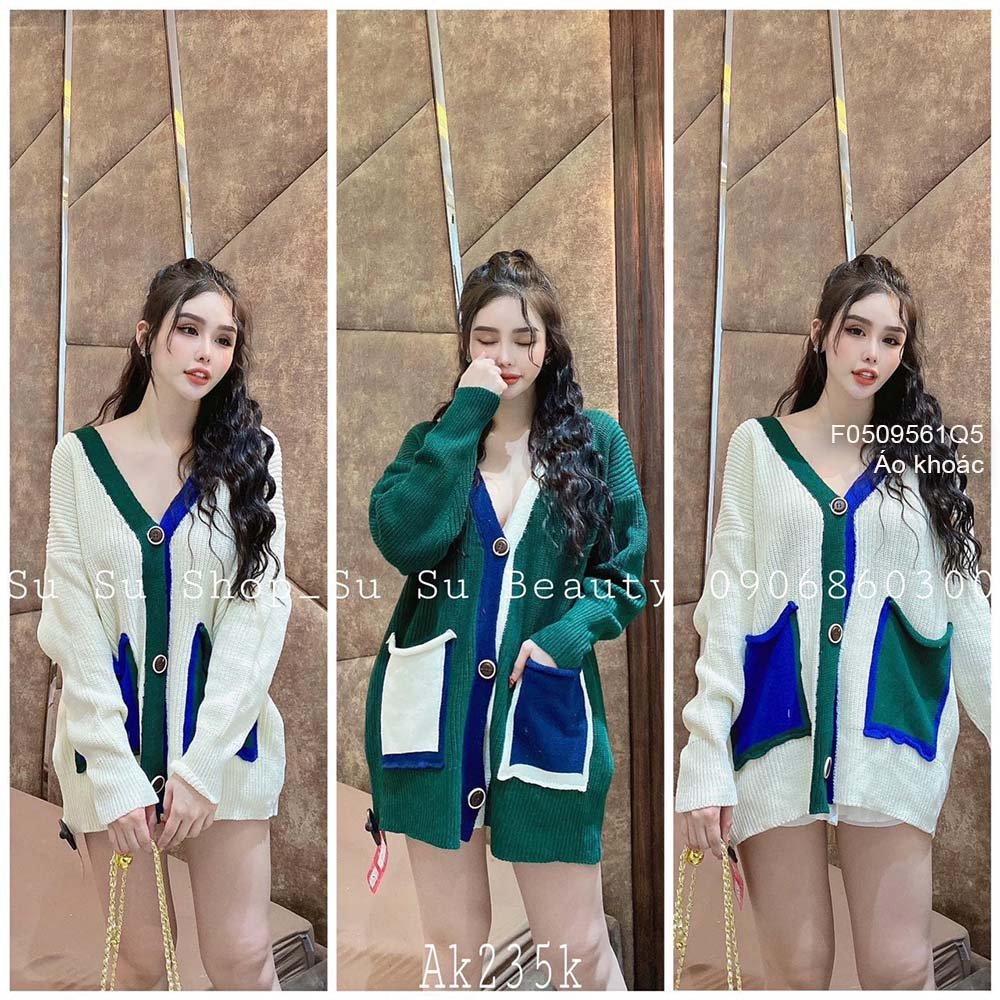 Áo khoác len form rộng phối viền gài nút đắp túi màu cổ tim tay dài hàng QC!