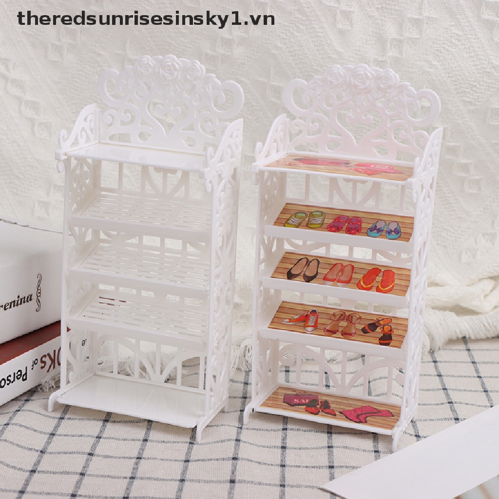 Set giá đỡ 5 tầng + 12 đôi giày màu trắng dành cho búp bê Barbie