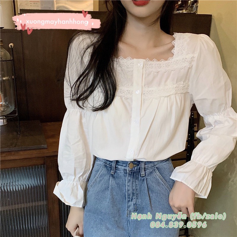 Áo sơ mi trắng ulzzang cổ vuông bánh bèo, áo kiểu tay bồng vintage cực xinh - Xưởng May Hạnh Hồng