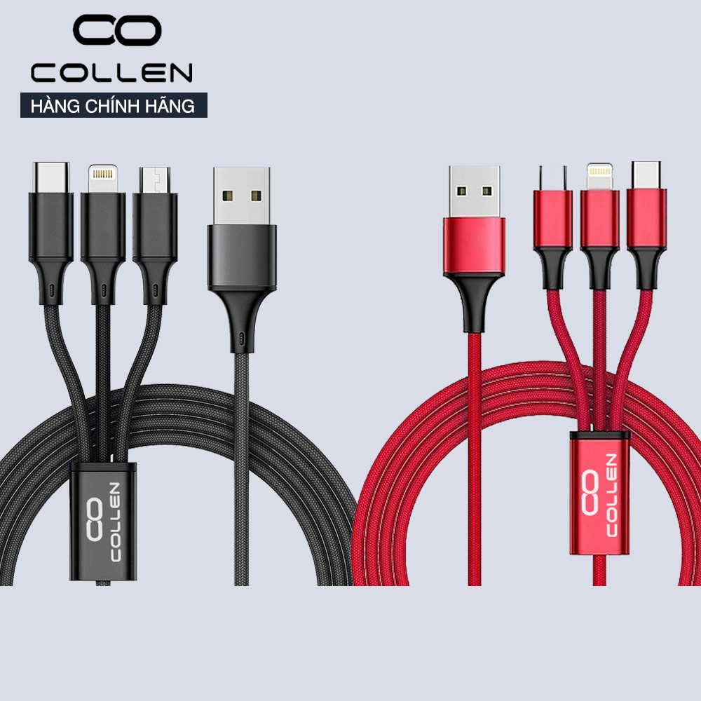 Dây sạc thường 3 đầu iPhone, android, type C, cáp sạc đầu Micro USB Lightning 3 trong 1 tiện dụng COLLEN