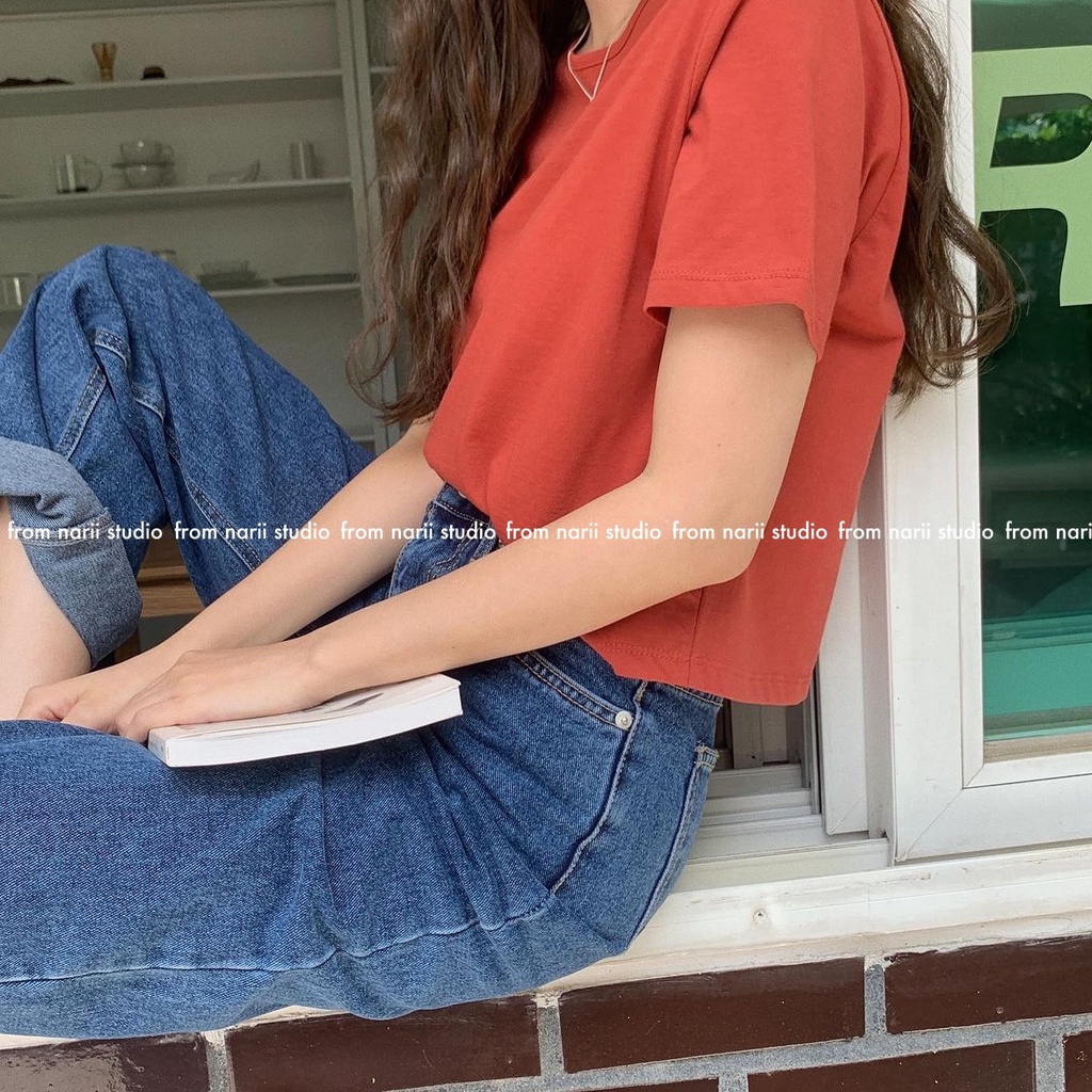 Quần jeans nữ ống rộng NARII jean dài lưng cao Hàn Quốc xanh đậm
