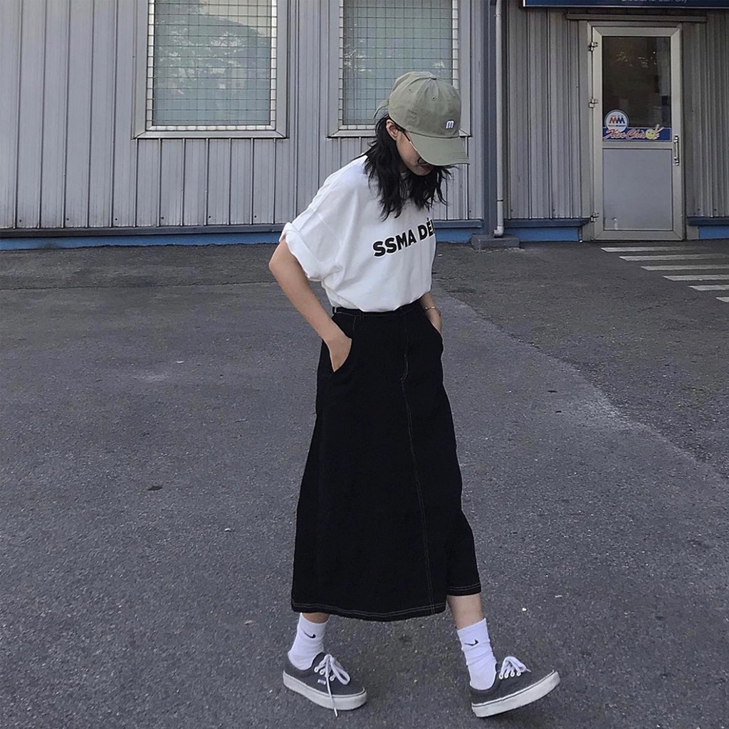 [FREESHIP] Chân váy jeans dáng dài chỉ nổi 2 màu Ulzzang (hàng QC) - Ảnh thật + Video thật cận chất
