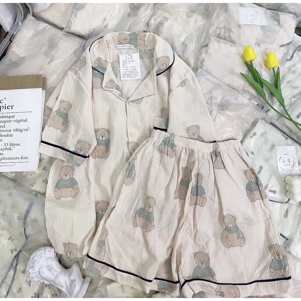 Bộ Đồ Ngủ Nữ Bộ Đồ Ngủ Pyjama Chất Liệu Đũi Xốp Hoạt Hình Ngắn Tay Quần Đùi Short [Ảnh Thật]