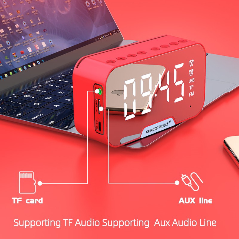 Loa không dây Bluetooth AUX Mini Đồng hồ báo thức di động Loa Bluetooth FM Radio