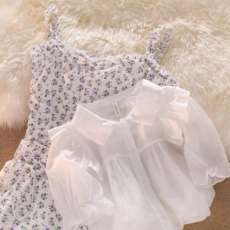 Set đầm hoa kèm áo sơmi bèo