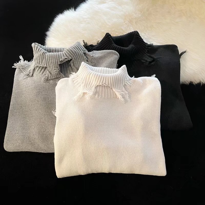 Áo sweater Dệt Kim Tay Dài Dáng Rộng Cổ Tròn Rách Gối Phong Cách Hàn Quốc Thời Trang Cho Nam Và Nữ
