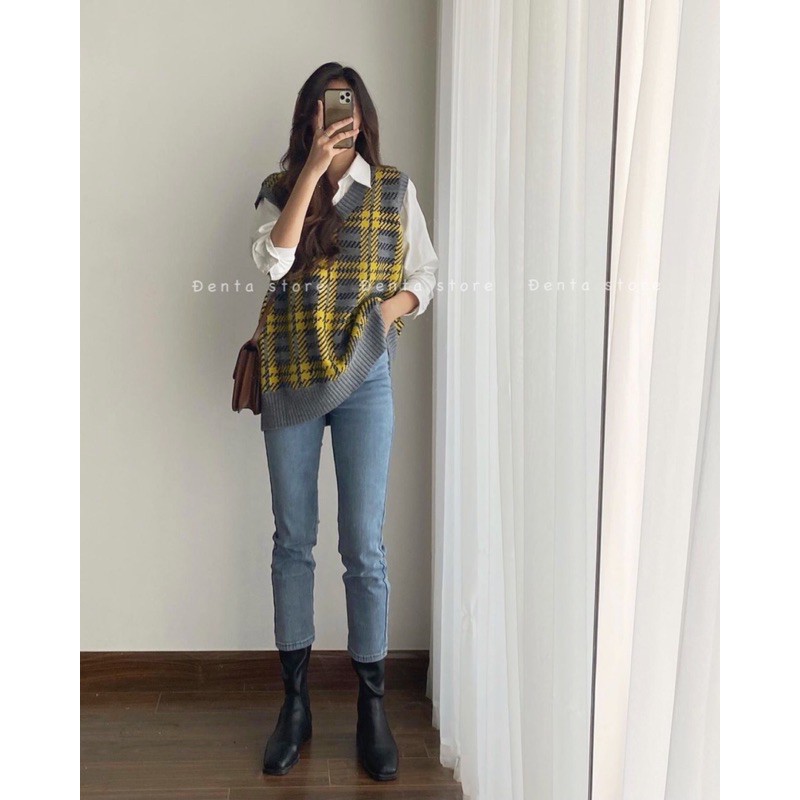 Áo gile len kẻ caro di chéo dáng rộng Oversize-110AG2- Đenta shop | BigBuy360 - bigbuy360.vn