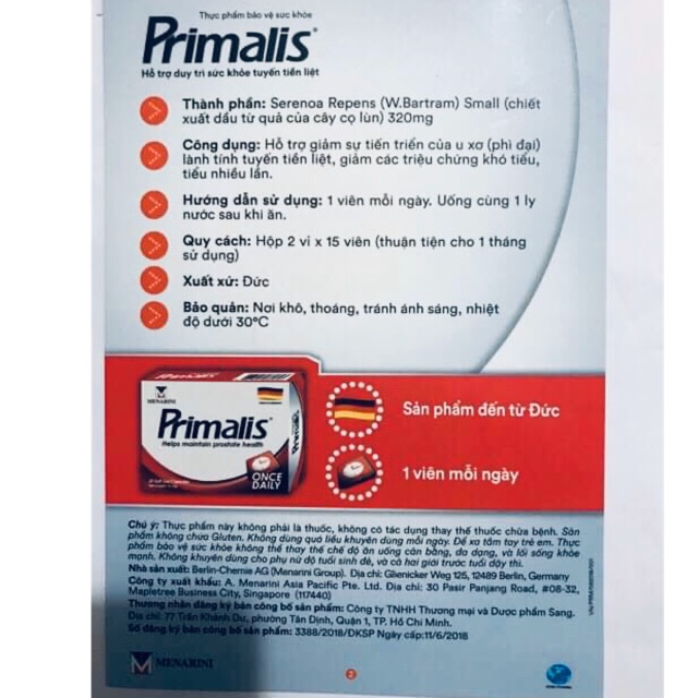 Primalis (Đức)(hỗ trợ giảm sự tiến triển của phì đại lành tính tuyến tiền liệt,khó tiểu,tiểu nhiều lần,30viên tặng 5viên
