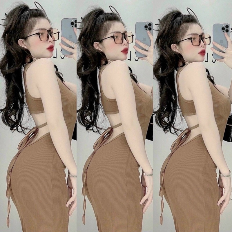 [FREESHIP] [ẢNH THẬT] Đầm ôm body nữ sát nách cổ U hở lưng cột dây form dài qua gối 3 màu hot hitAT