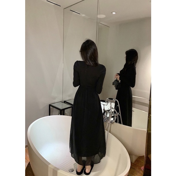 😄Váy cổ vuông tay dài , đầm thun dáng dài hở lưng bồng xòe bên dưới hàng cao cấp order Taobao