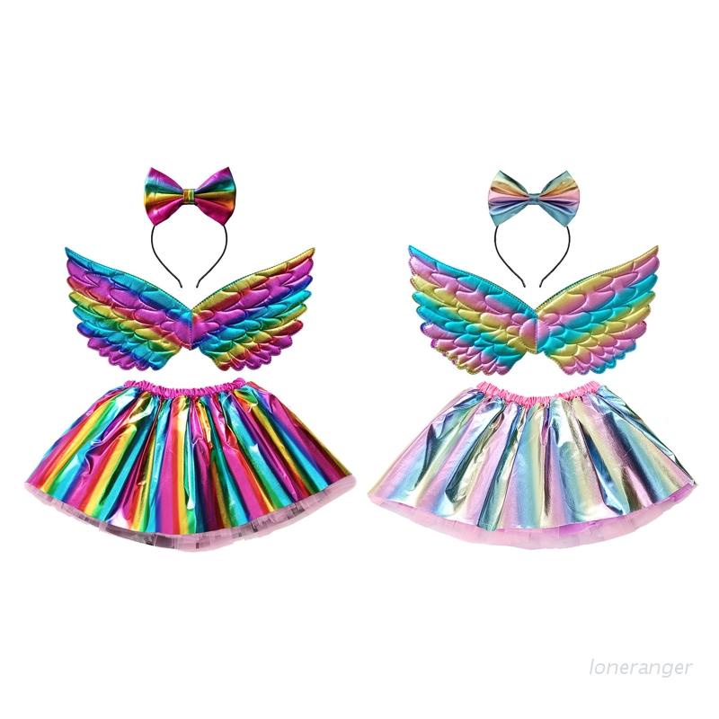 Set 3 Món Đồ Gồm Chân Váy Xòe Tutu Màu Cầu Vồng Ánh Kim Kèm Băng Đô Cho Bé Gái