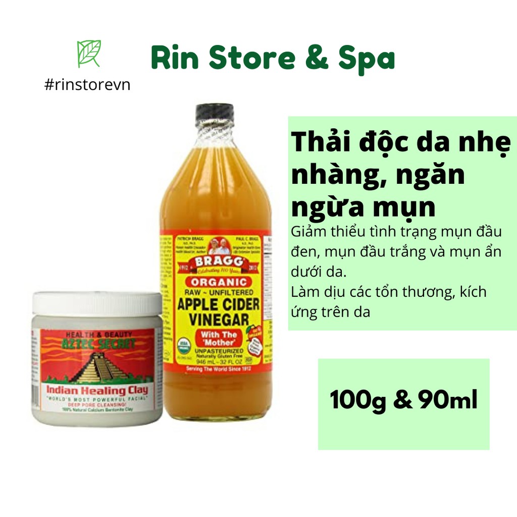 Combo giấm táo bragg - mặt nạ đất sét aztec secret indian healing clay giúp giảm mụn, giảm dầu thừa