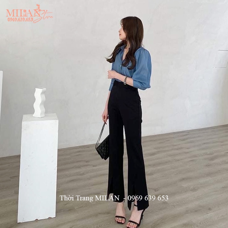 Quần tây ống loe xẻ tà trước vẩy cá tính điệu vải mềm mặc đi học làm - Quần ống loe xẻ tà hack dáng màu đen công sở