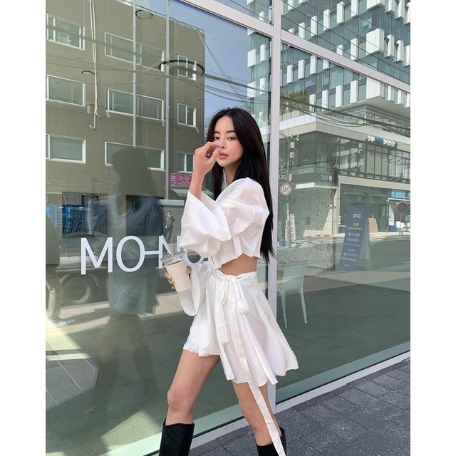 Set lụa sơ mi tay dài váy xoè quấn eo cột nơ S2